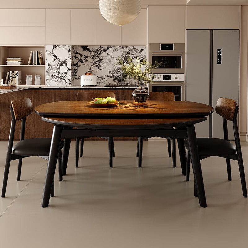 Shanglin spring solid wood slate dining table and chairs, a complete set of small and medium-sized household dining tables, light luxury and high-end folding dining table, antibacterial pure white slate | walnut color | Ganoderma lucidum chair 1.3 meters, one table and four chairs