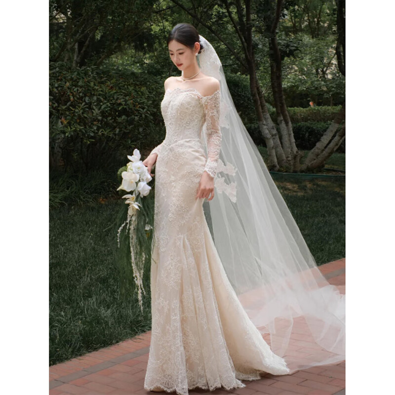 Rich collar, one shoulder, light wedding dress, French lace bridal feel, forest-style engagement dress, super fairy door veil, welcome dress, white XS