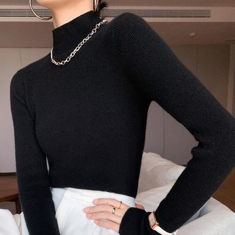 Odyfen wool knitted bottoming shirt for women with half-turtleneck sweater, slim long-sleeved, mid-collar, wearable top, autumn and winter black