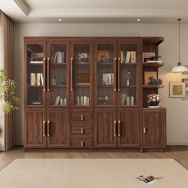 Caibaimu Solid Wood Bookcase New Chinese Bookcase Black Walnut Color Modern Combination Floor Bookcase Two or Three Doors Study Room Bookshelf 1.11 Meter Three Door Bookcase Assembly