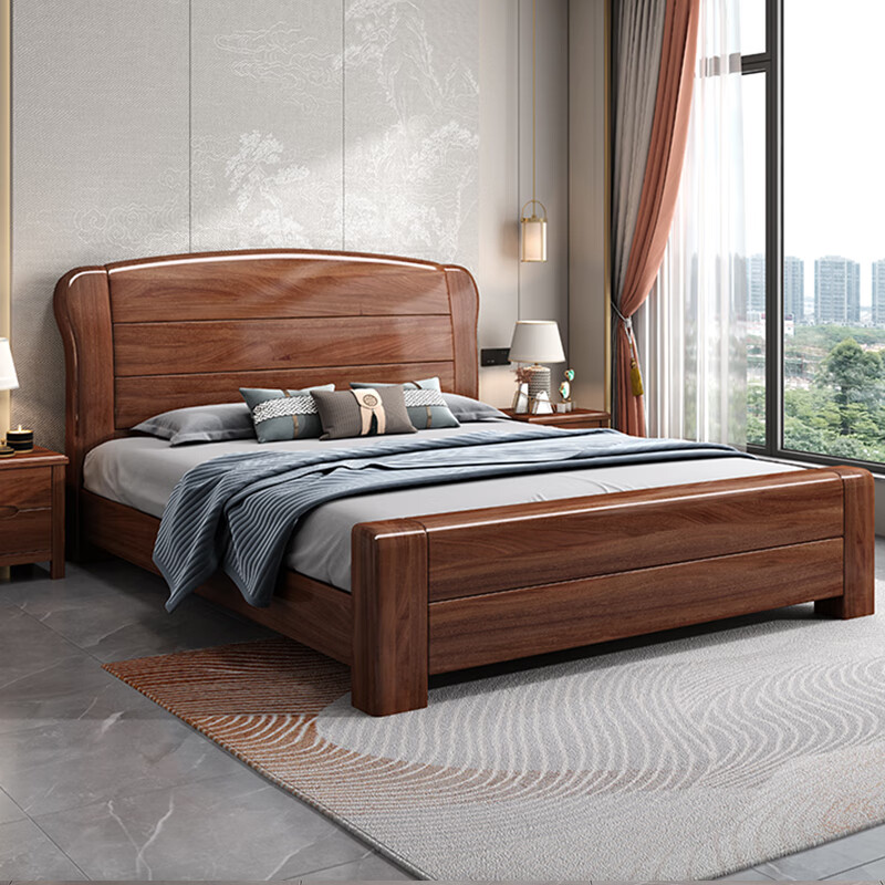 Nanyi Chinese solid wood bed walnut full mortise and tenon large bed 1.8m single double bed painted bed board modern bedroom wedding bed full painted bed board mortise and tenon bed 1.8*2.0m