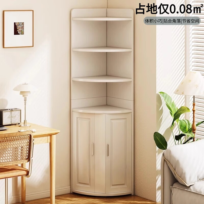 Corner cabinet Nordic style arc corner cabinet household floor-standing storage rack living room wall cabinet corner storage cabinet bookcase double cabinet door 50*50*180cm warm white
