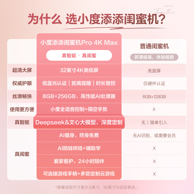 Xiaodu Tiantian Best Friend Machine Mobile Smart Flat-panel TV Audio Large Screen Touch Display Wireless Screen Projection Free Screen Home Smart Screen Rotates to Follow Dramas and Fitness Karaoke Best Friend Machine 4K Pro Max Version 32-inch 8+256