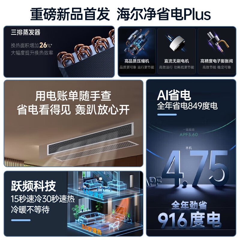 Haier instantly saves 15% when placing an order. Net power saving plus large 3 HP duct machine. One-to-one 3p central air conditioner. New level of energy efficiency. Yunjing Pro upgraded model with full DC inverter living room. Net power saving plus large 3 HP. Energy saving ceiling. Annual flagship new product.