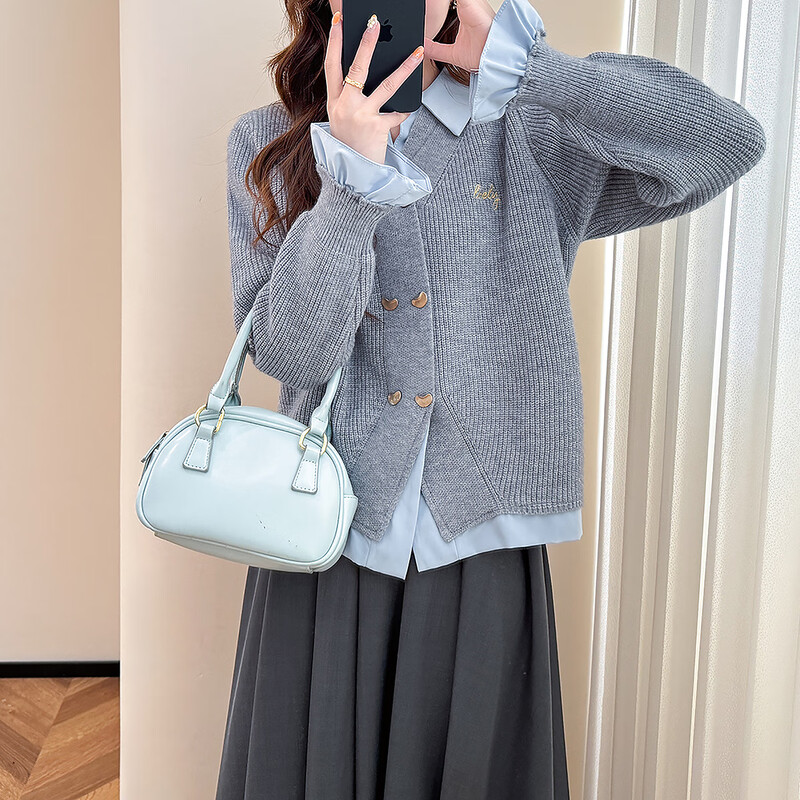 TonLion 2025 autumn and winter woven splicing lapel double-breasted fake two-piece women's cardigan sweater