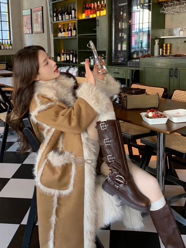Light luxury high-quality fox fur all-in-one coat for women winter new velvet thickened eco-friendly fur coat khaki long S size 90-130 catties