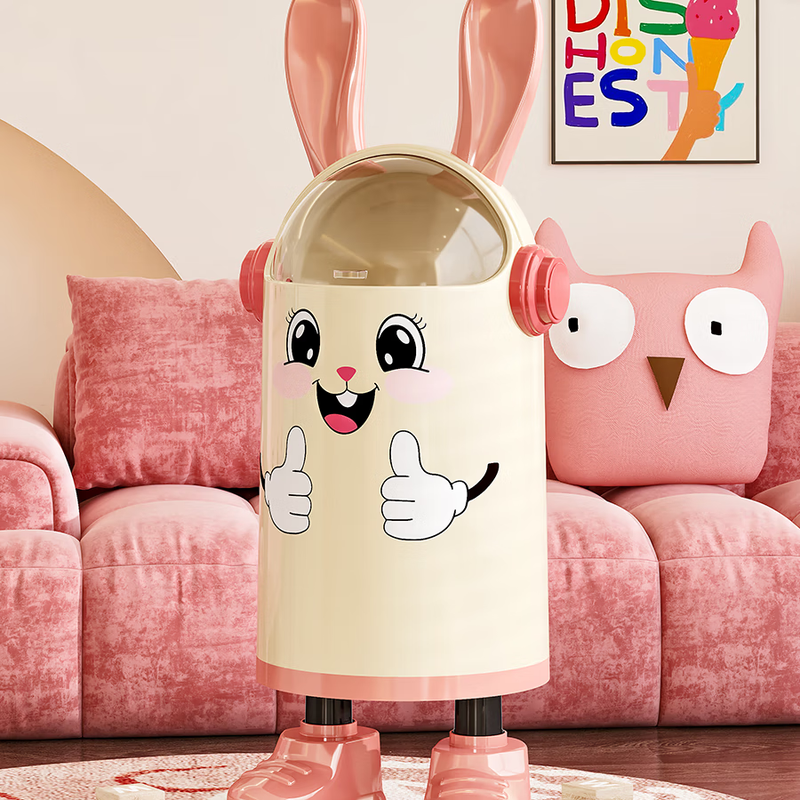 Rabbit trash can household cute high-looking trash can living room and bedroom storage large capacity with cover thickening simple pink smiley face - standing style