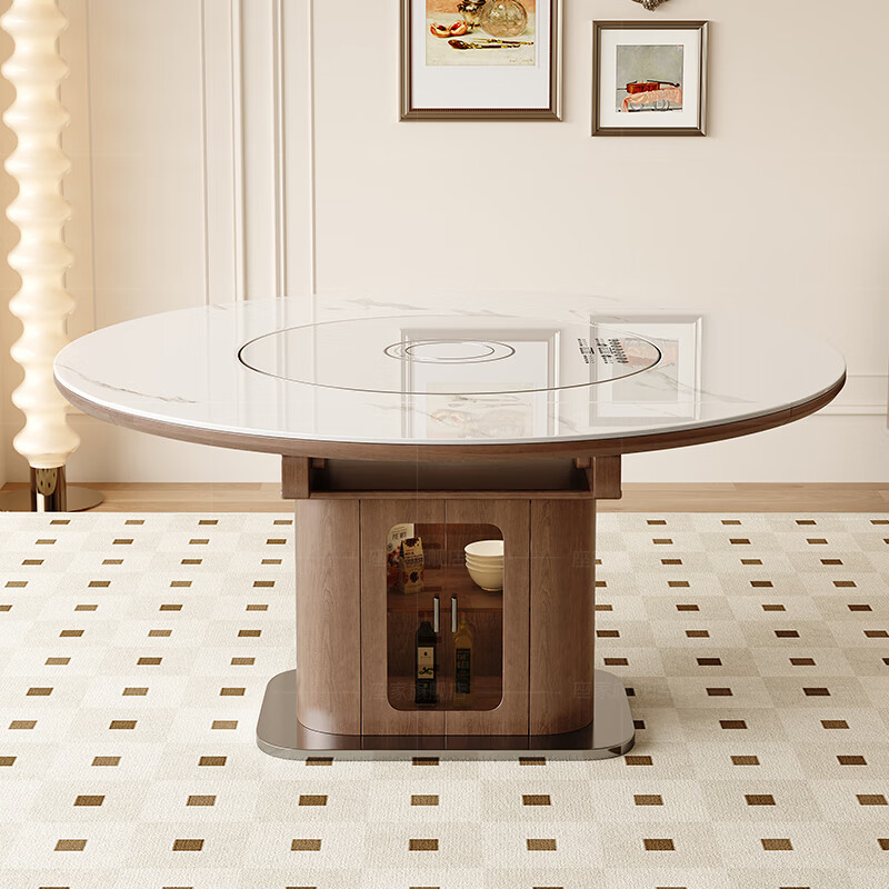 Zuojia solid wood slate smart dining table, light luxury and high-end household small apartment folding dual-purpose retractable round dining table and chairs, single table, hot dishes + induction cooker + electric turntable 1.5m