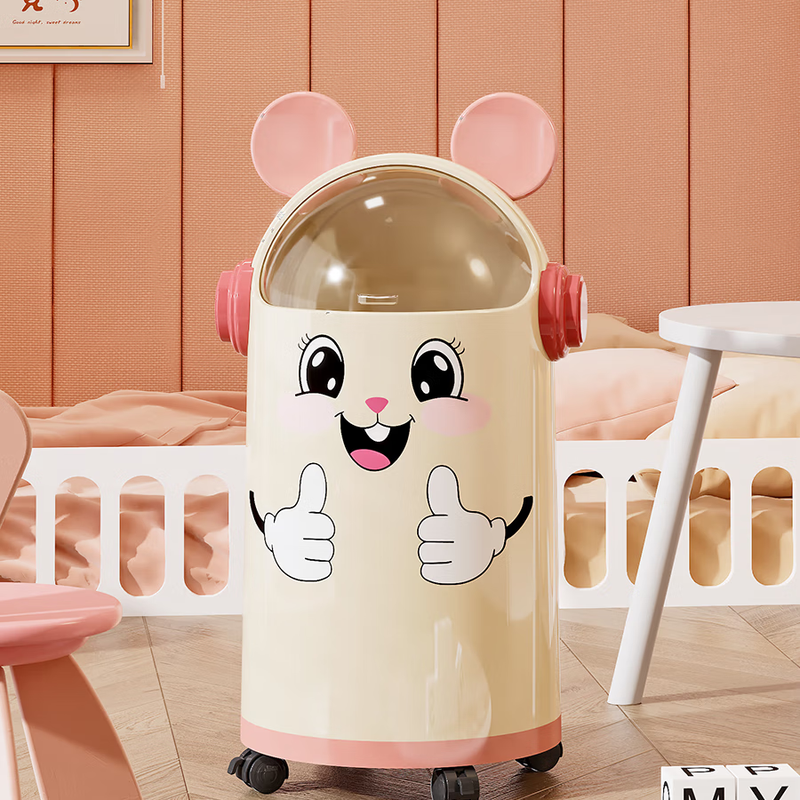 Rabbit trash can household cute high-looking trash can living room and bedroom storage large capacity with cover thickening simple pink smiley face - standing style