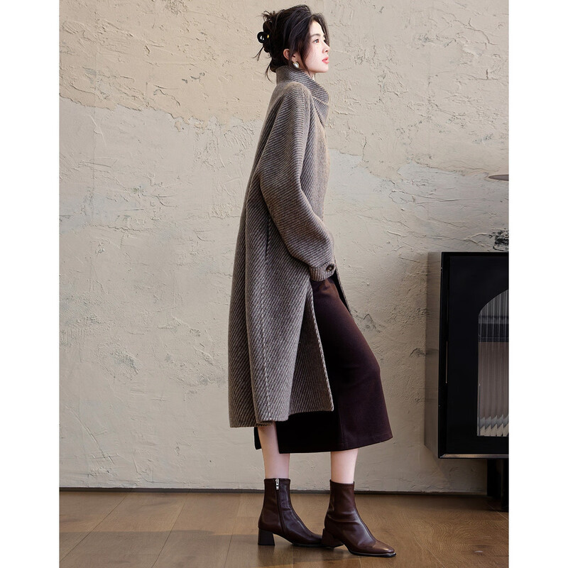 Demana Kochi Lady Winter Sheep Wool Diagonal Striped Double-sided Woolen Coat Stand Collar Long Women's Woolen Jacket