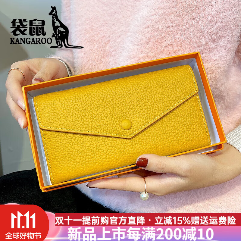 Kangaroo (KANGAROO) brand luxury genuine leather wallet for women, exquisite 2025 new soft cowhide long card holder, all-in-one bag, feminine, black, first-layer cowhide inside and outside, gift box