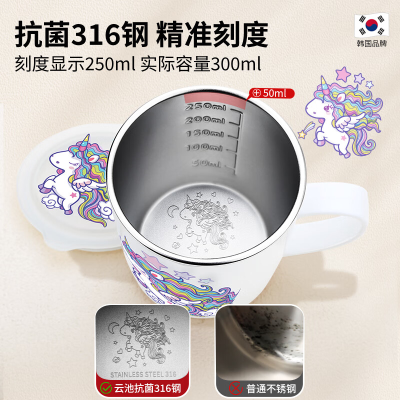 Children's water cup household 316 stainless steel cup with scale drinking cup kindergarten baby special open cup 316 white split unicorn 300ml