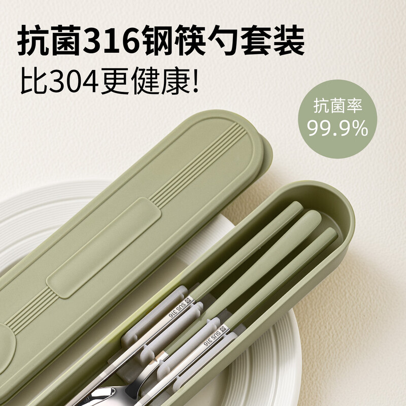 Guofeng 316 stainless steel portable tableware set food grade chopsticks and spoon set personal storage box for students antibacterial 316 avocado chopsticks+spoon+box