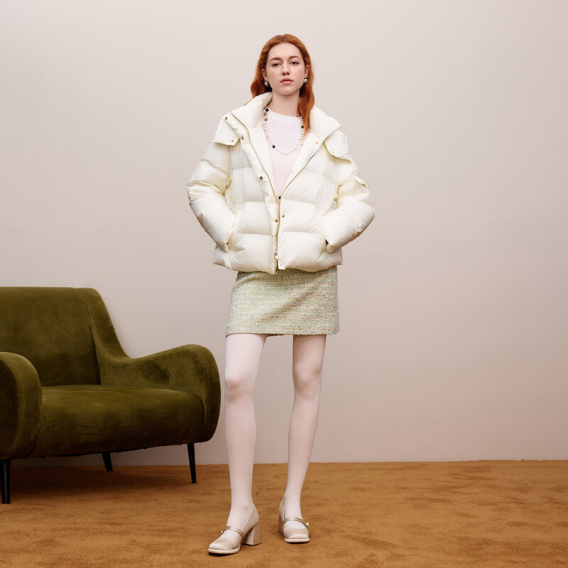 LIME FLARE/Rhine Flare white goose down short down jacket hooded simple commuter style jacket 25 winter new style for women beige M