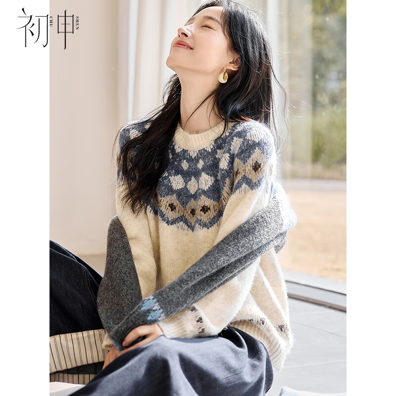 Chu Shen's Autumn and Winter Knitted Sweater Women's Classic New Year's Annual Party Round Neck Fair Isle Pattern Versatile Sweater Top S54Z065