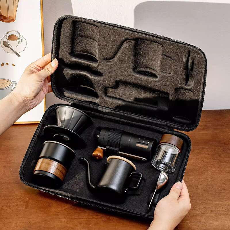Hand-brewed coffee set, portable hand-brewed coffee machine, gift box, full set of coffee equipment storage bag, outdoor camping equipment, outdoor hand-brewed coffee set, 7-piece set, obsidian black