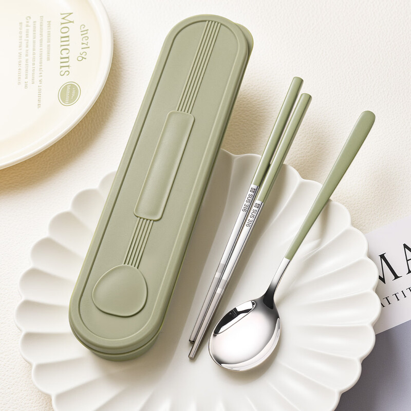Guofeng 316 stainless steel portable tableware set food grade chopsticks and spoon set personal storage box for students antibacterial 316 avocado chopsticks+spoon+box
