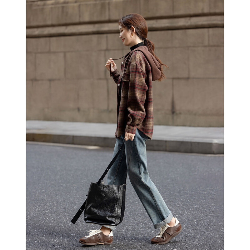 Demana sheep wool plus velvet warm winter retro millennium hooded plaid loose adjustable drawstring women's jacket