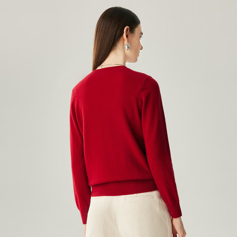 Zhaojun 2025 Autumn and Winter New Contrast Color Horse Zodiac Style Cashmere Sweater Women's Red Knitted Sweater Round Neck Bottoming Sweater Burgundy Red L