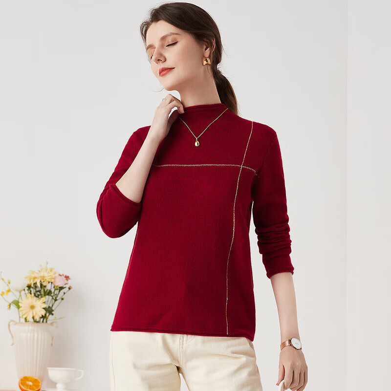 Zhaojun Autumn and Winter Versatile Half Turtleneck Cashmere Sweater Women's Zodiac Year Red Knitted Bottoming Sweater Pomegranate Red L