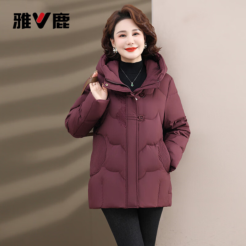 Yalu hooded mother's wear down jacket, new Chinese style buckle, western style, middle-aged and elderly New Year's coat, red 175