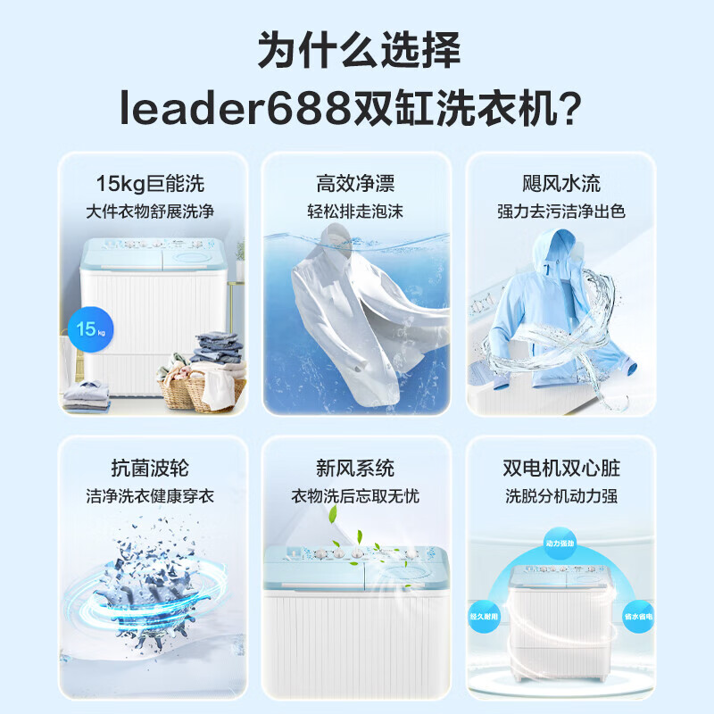 Haier 15KG washing machine semi-automatic double-cylinder double-barrel dehydrator and dryer large capacity household strong power water and electricity separation elution separation rodent-proof base fresh air system 15 kg giant wash + hurricane water flow Leader