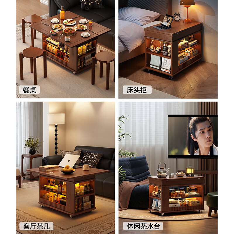 Ruifan solid wood movable coffee table living room sofa side table small apartment side cabinet folding dining table multi-function cart