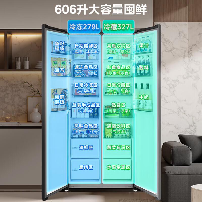Midea Refrigerator 605L606L607L Side-by-side Smart Frequency Converter Level 1 Energy Efficiency Double Door Household Energy Saving Frost-free and Odor-Free Large Capacity Embedded Side-by-side Large Refrigerator BCD-606WKPM(E) Charcoal Gray-Moon Night