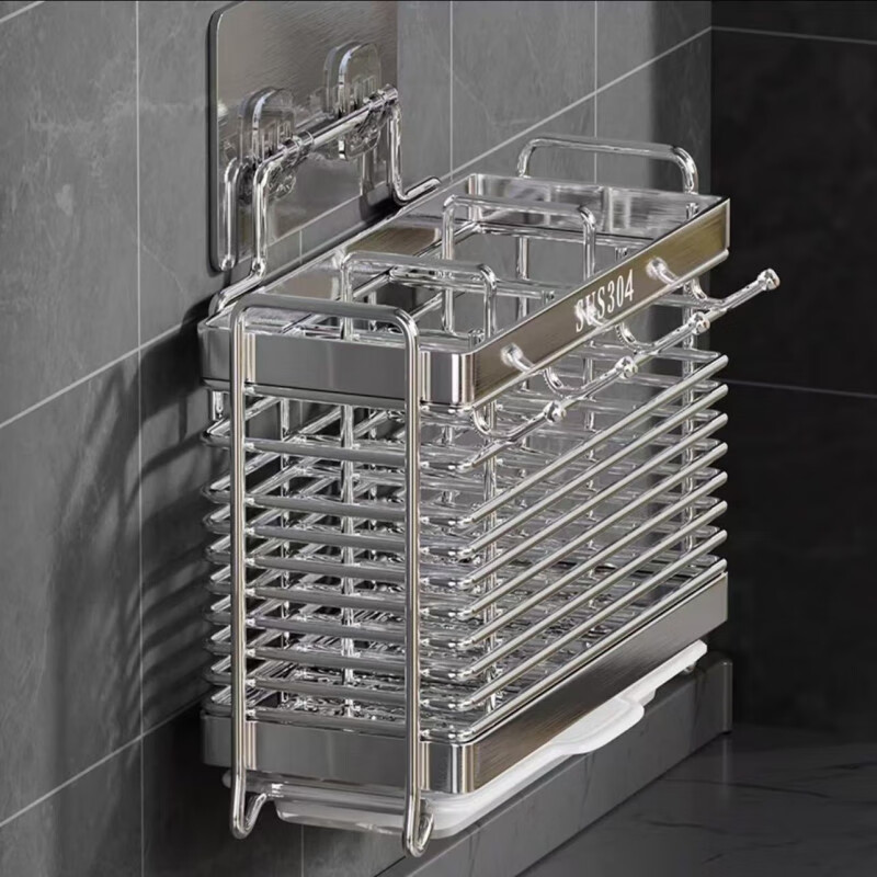 Ye Yu 304 stainless steel chopstick storage box chopstick barrel wall-mounted bucket basket holder kitchen stainless steel spoon quick cage thickened - double chopstick barrel thickened stainless steel chopstick cage free nail stickers