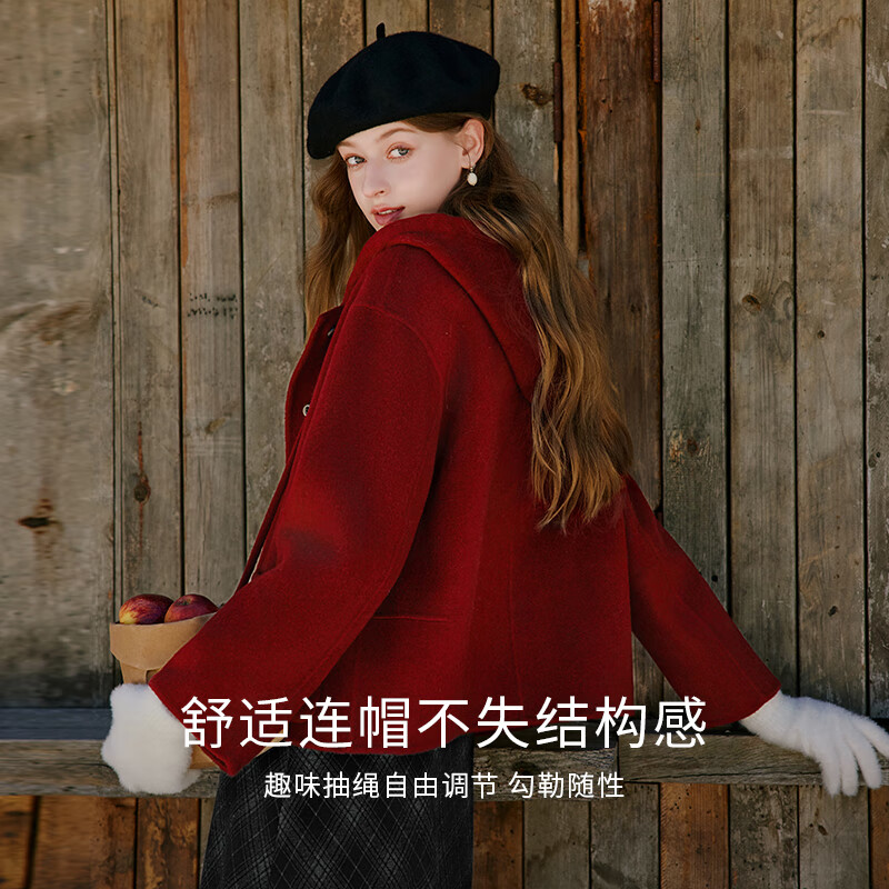 Xiangying cashmere + sheep wool hooded double-sided woolen coat for women 2025 winter new woolen red coat burgundy M 160/84A/95-110 catties