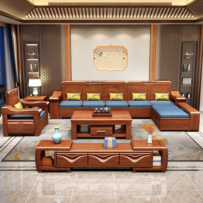 Shunju Treasures Factory direct sales clearance solid wood sofa combination modern new Chinese style wooden sofa simple living room dual use in winter and summer special clearance four seater + corner cabinet + double + imperial concubine + coffee table
