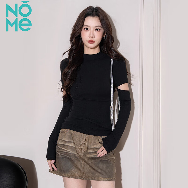 NOME half turtleneck long-sleeved bottoming shirt for women autumn knitted inner design hollow slim top black M
