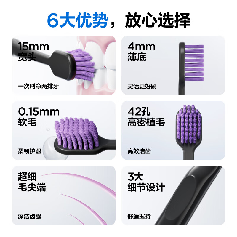 Half-and-half simple high-density soft-bristled toothbrush with wide head and thin base to protect gums, clean and slim 5 pieces