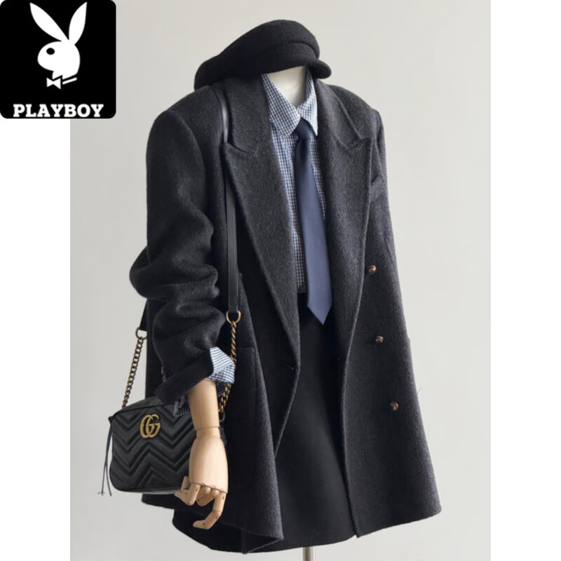 Playboy (PLAYBOY) sense woolen coat for women autumn and winter 2025 new style short suit woolen coat small temperament carbon gray S. (105-115 pounds)