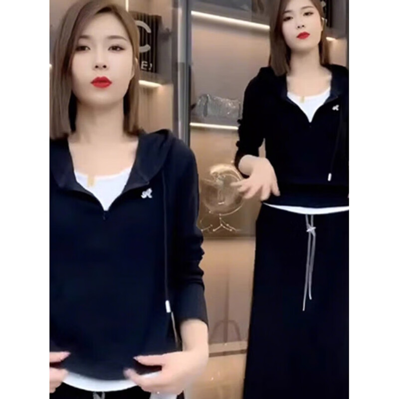 Pierre Cardin autumn and winter suit simple commuting large size hooded long-sleeved T-shirt for women 2025 autumn new style fake two-piece gray high quality M