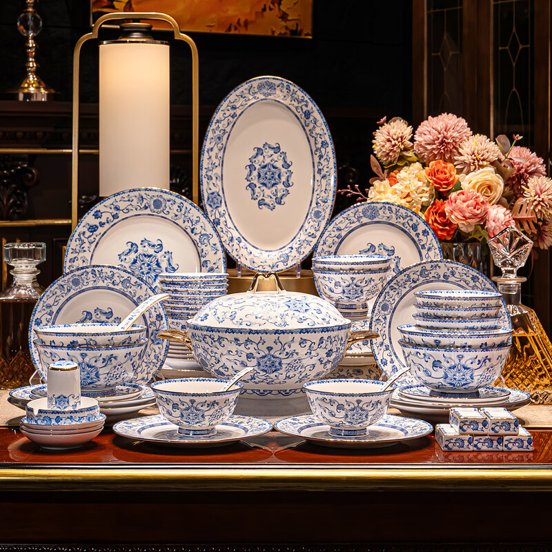 Hongxi Shengshi Jingdezhen enamel color tableware complete set of high-end blue and white porcelain dishes set bowls and plates for home gift housewarming enamel color blue and white ~ 80 pieces for 10 people