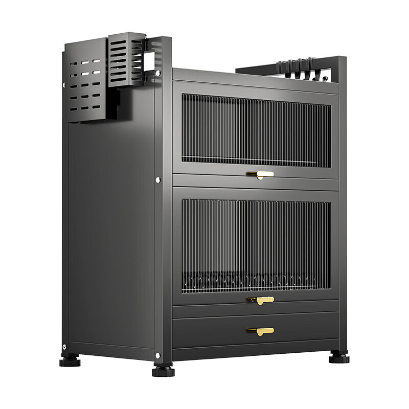 Dish drain rack cupboard household multi-functional cabinet double layer dish draining cabinet kitchen dish storage cabinet 44cm black knife holder+chopstick barrel+hook*4