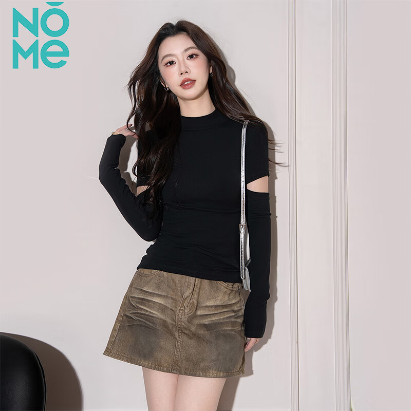 NOME half turtleneck long-sleeved bottoming shirt for women autumn knitted inner design hollow slim top black M