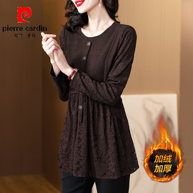 Pierre Cardin Thickened Lace Top Women's Butt Covering Mid-Length Bottoming Shirt Mom's Autumn and Winter Fashionable Inner Top, Brown Velvet, Thickened L (105-115 catties)