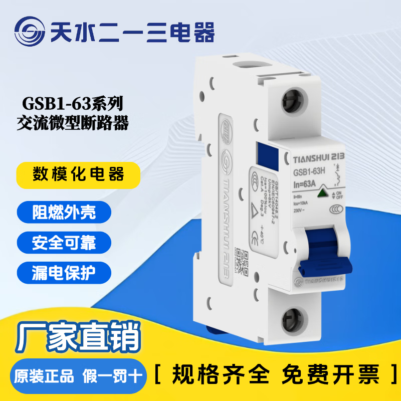 Tianshui 213 GSB1-63 small AC circuit breaker 1P micro air switch 2P household 3P main valve 4P GSB1-63L D type 1P 6A