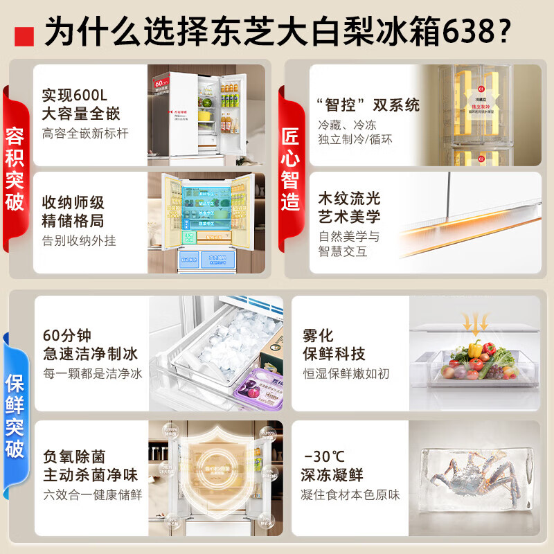 TOSHIBA 638 large white pear household 600-liter French-style multi-door refrigerator dual-system large-capacity zero-embedded fully automatic ice-making first-level energy-saving energy-saving frost-free fresh-keeping refrigerator GR-RF638WI-PM1 Fritillary White