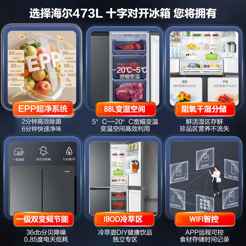 Haier Family Banquet 473L cross-door refrigerator EPP ultra-clean three-speed variable temperature IBOX cold extraction zone wide variable temperature first-level energy efficiency air-cooled frost-free sterilization and pure flavor household refrigerator BCD-473WGHTDH9G9U1