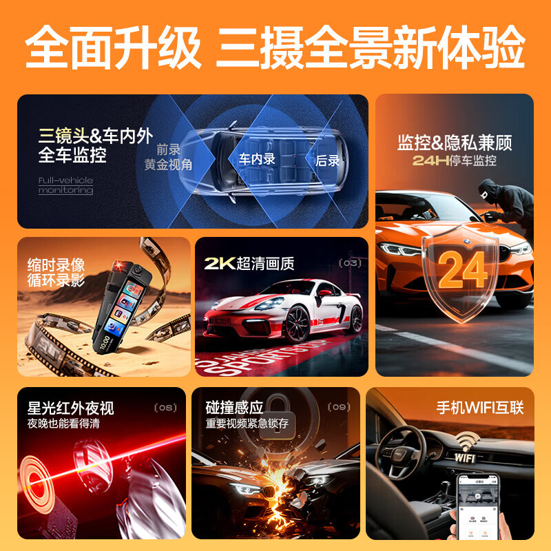 Montover driving recorder 360-degree panoramic 24h recording 4K ultra-high definition without blind spots front and rear dual recording streaming media rearview mirror