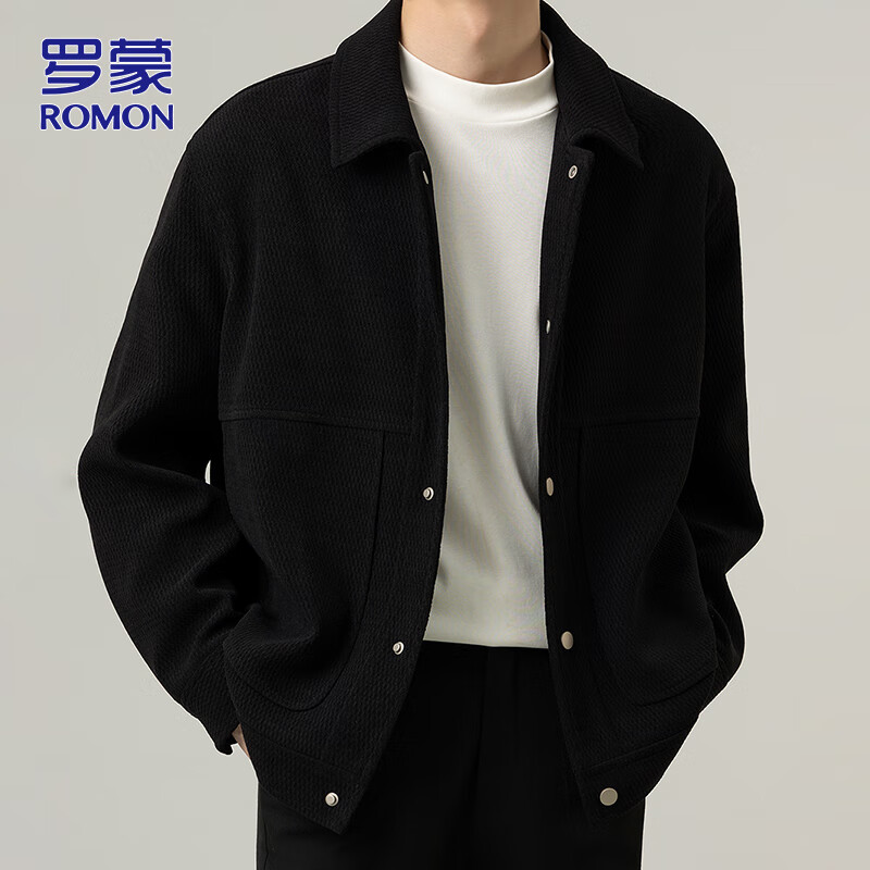 ROMON jacket men's autumn and winter trendy casual loose lapel jacket men's versatile clothes men's black XL