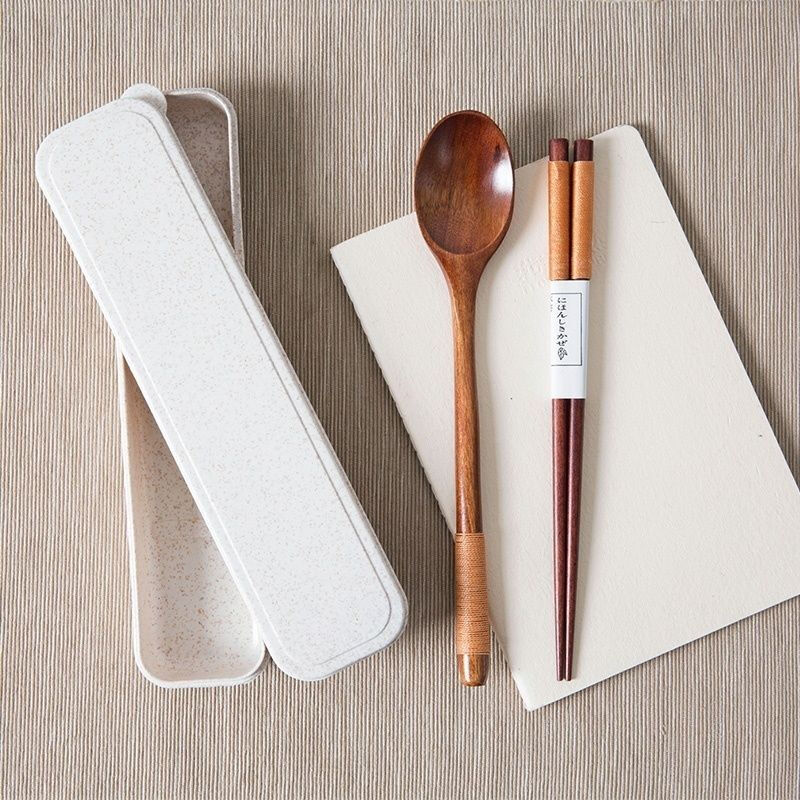 Mingyu portable spoon and chopsticks tableware set with wooden spoon and chopstick storage box three-piece set portable household long-handled spoon wireless 23.5 spoons and chopsticks + storage box