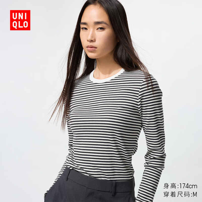 Uniqlo Women's Soft Ribbed Striped Round Neck T-Shirt Long Sleeve Versatile Bottoming Autumn and Winter 480036 01 Milky White M /160/84A