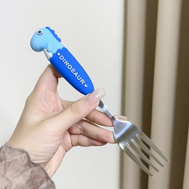 Mingyu Cartoon 304 Stainless Steel Anti-scalding Handle Dinosaur Dinosaur Children's Tableware Home Student Portable Set Green Cartoon Dinosaur Dinner Fork