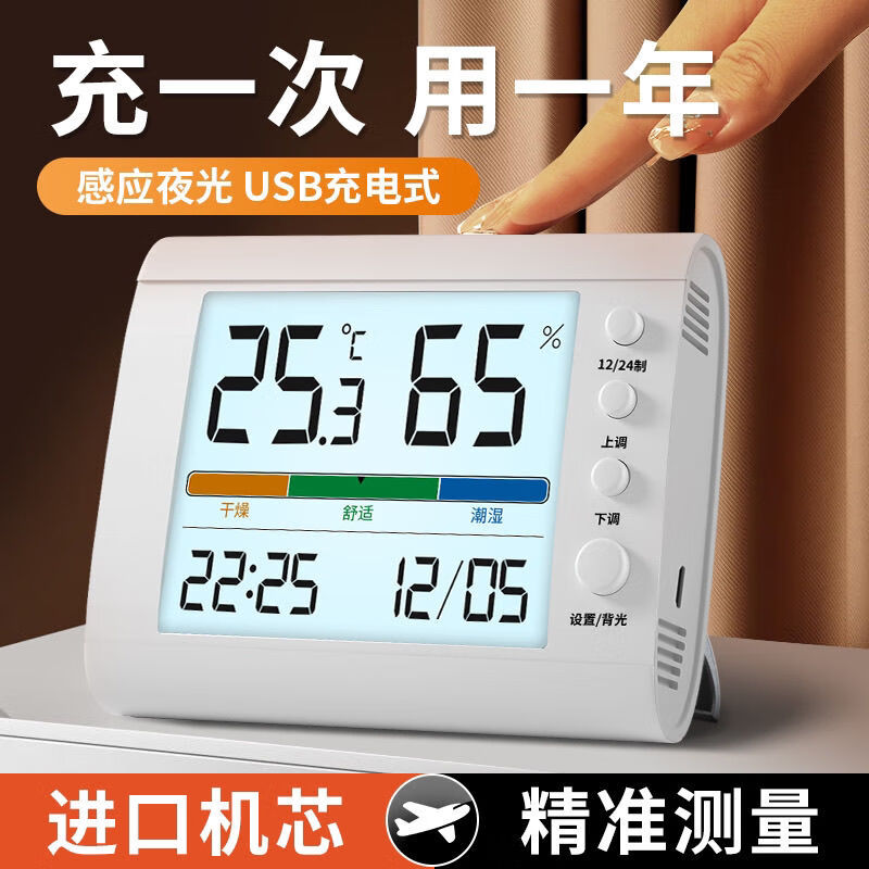 Diaohuang Room Temperature and Humidity Display Electronic Meter Household Accurate Baby Room Dry and Humidity Thermometer Indoor Table Clock Luminous Flagship Smart Comfort Reminder Perpetual Calendar Pink