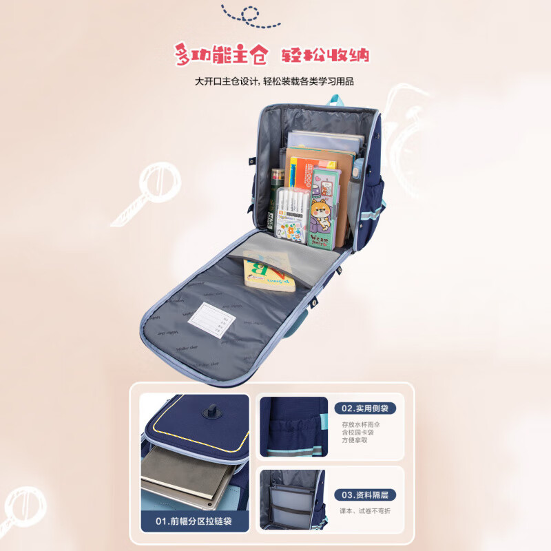 Walker Shop Light Luxury New Primary School Bags 1 to 6 Grades Spine Protection and Burden Reduction Boys and Girls Backpacks British Style Comfortable Backpacks Navy Blue Large Size Recommended for Grades 2-6 Default Size