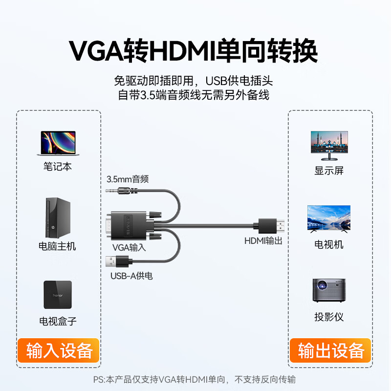 Shanze VGA to HDMI conversion cable HD converter with audio power supply cable adapted for computer notebook connection TV monitor projector 2 meters VH20X